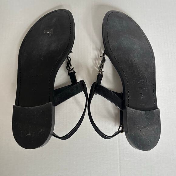 Saint Laurent Cassandra YSL Studded T-Strap Leather Flat Sandals Black Size 42 - Picture 3 of 14